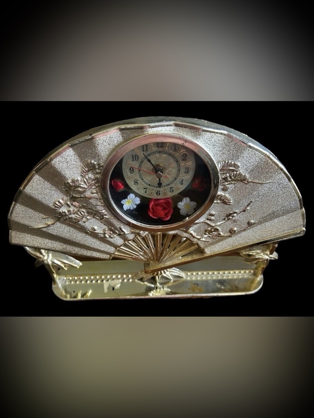 Vintage Early 90's Gold Asian Fan Table Clock w. Flowers